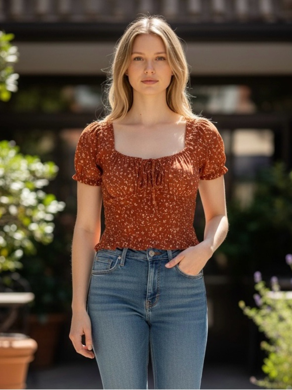 URBAN Romantics Rust Floral Smocked Square-Neck Puff Sleeve Top - Picture 1 of 7